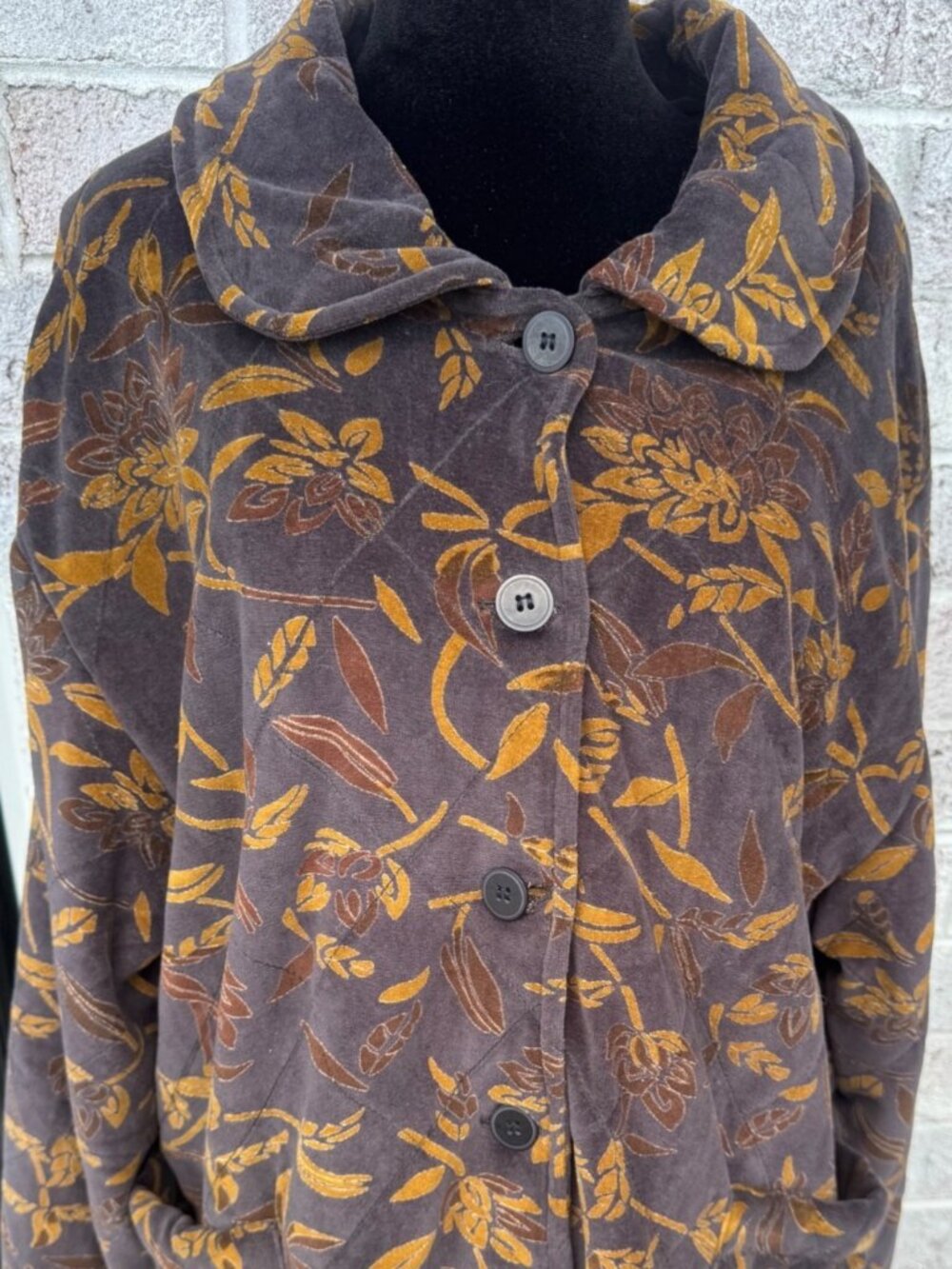 Vintage Karavan Velvet Jacket Gray Gold Botanical Print Oversized Coat XL
